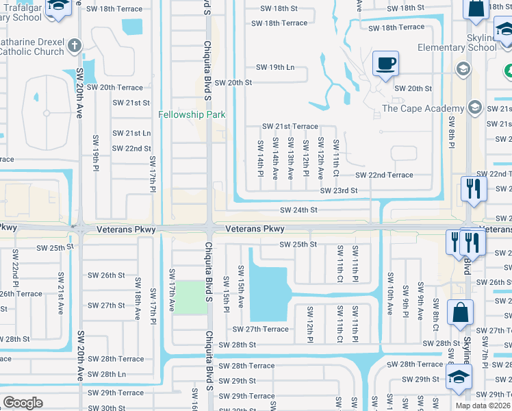 map of restaurants, bars, coffee shops, grocery stores, and more near 1405 Southwest 24th Street in Cape Coral