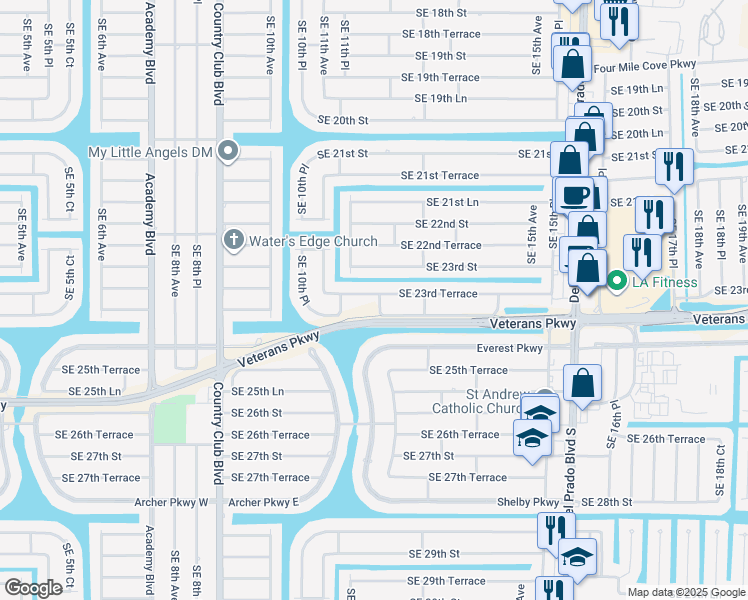 map of restaurants, bars, coffee shops, grocery stores, and more near 1128 Southeast 23rd Terrace in Cape Coral
