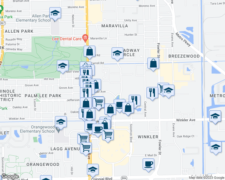 map of restaurants, bars, coffee shops, grocery stores, and more near 3704 Broadway in Fort Myers