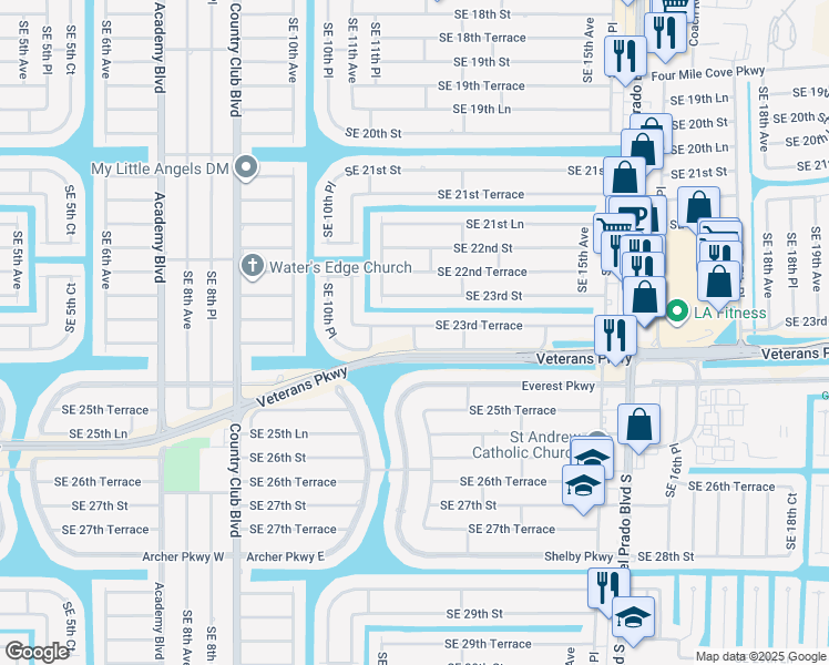 map of restaurants, bars, coffee shops, grocery stores, and more near 1128 Southeast 23rd Terrace in Cape Coral
