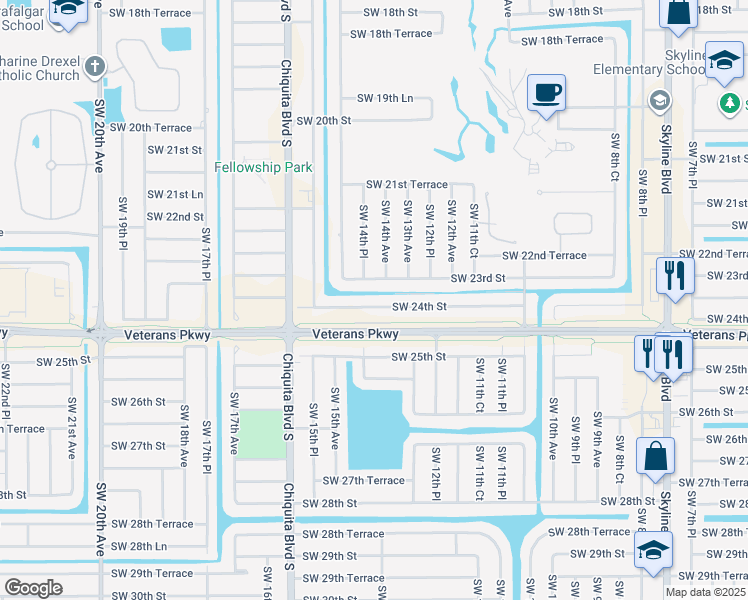 map of restaurants, bars, coffee shops, grocery stores, and more near 1405 Southwest 24th Street in Cape Coral