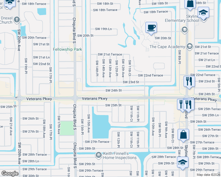 map of restaurants, bars, coffee shops, grocery stores, and more near 1229 Southwest 24th Street in Cape Coral