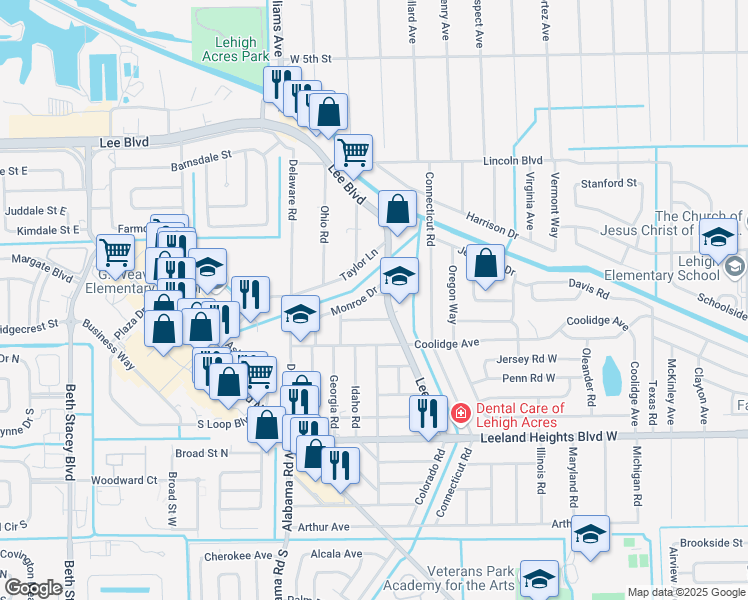 map of restaurants, bars, coffee shops, grocery stores, and more near 702 Monroe Way in Lehigh Acres