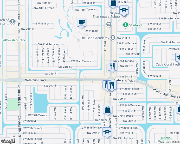 map of restaurants, bars, coffee shops, grocery stores, and more near 913 Southwest 24th Street in Cape Coral