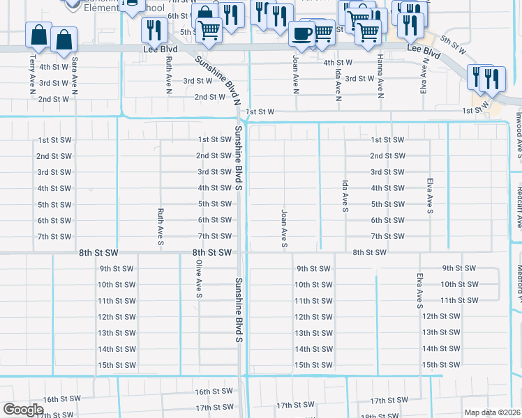 map of restaurants, bars, coffee shops, grocery stores, and more near 3011 5th Street Southwest in Lehigh Acres
