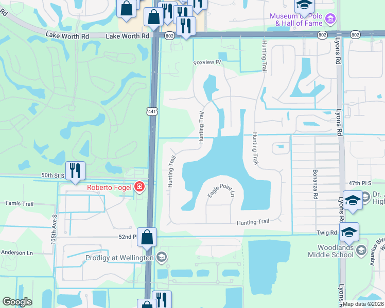 map of restaurants, bars, coffee shops, grocery stores, and more near 4589 Hunting Trail in Lake Worth