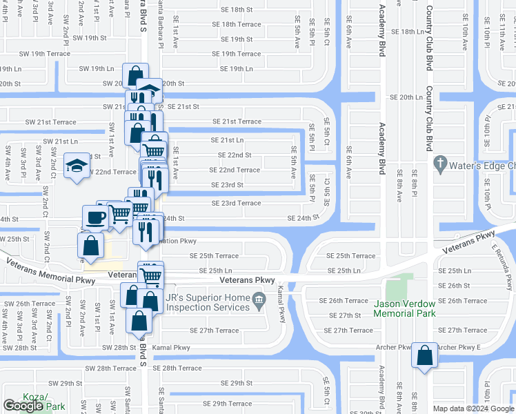 map of restaurants, bars, coffee shops, grocery stores, and more near 314 Southeast 23rd Terrace in Cape Coral