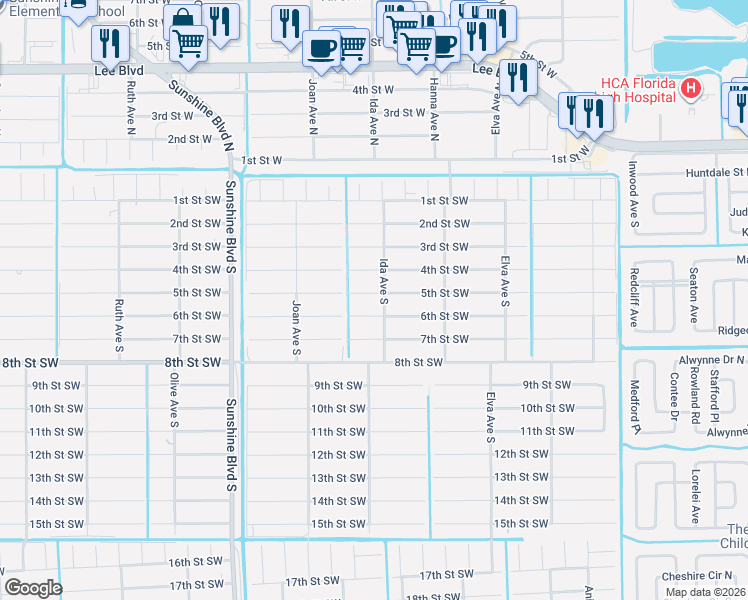 map of restaurants, bars, coffee shops, grocery stores, and more near 2907 5th Street Southwest in Lehigh Acres