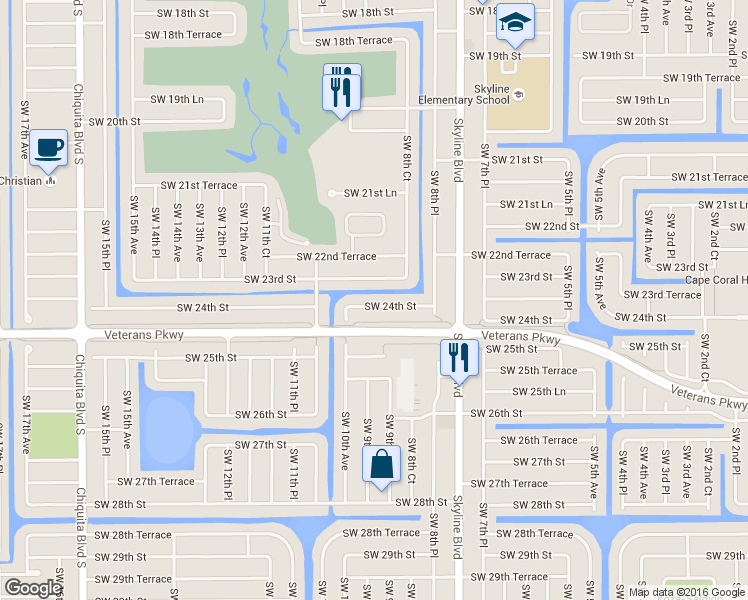 map of restaurants, bars, coffee shops, grocery stores, and more near 913 SW 24th St in Cape Coral