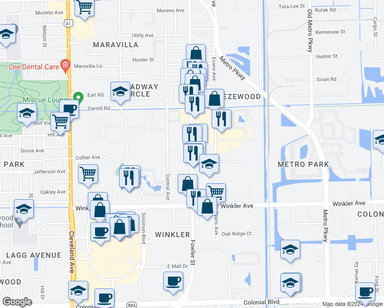 map of restaurants, bars, coffee shops, grocery stores, and more near 3700 Fowler St in Fort Myers