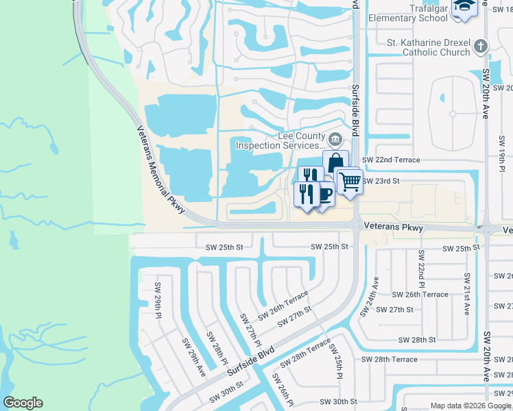 map of restaurants, bars, coffee shops, grocery stores, and more near 2616 Somerville Loop in Cape Coral