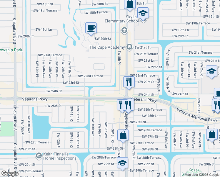 map of restaurants, bars, coffee shops, grocery stores, and more near 827 Southwest 24th Street in Cape Coral