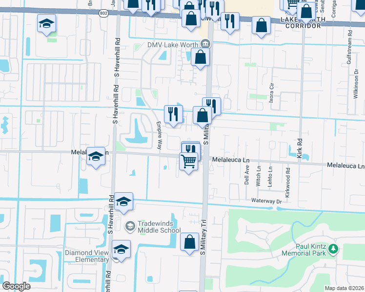 map of restaurants, bars, coffee shops, grocery stores, and more near 4747 Chariot Circle in Greenacres