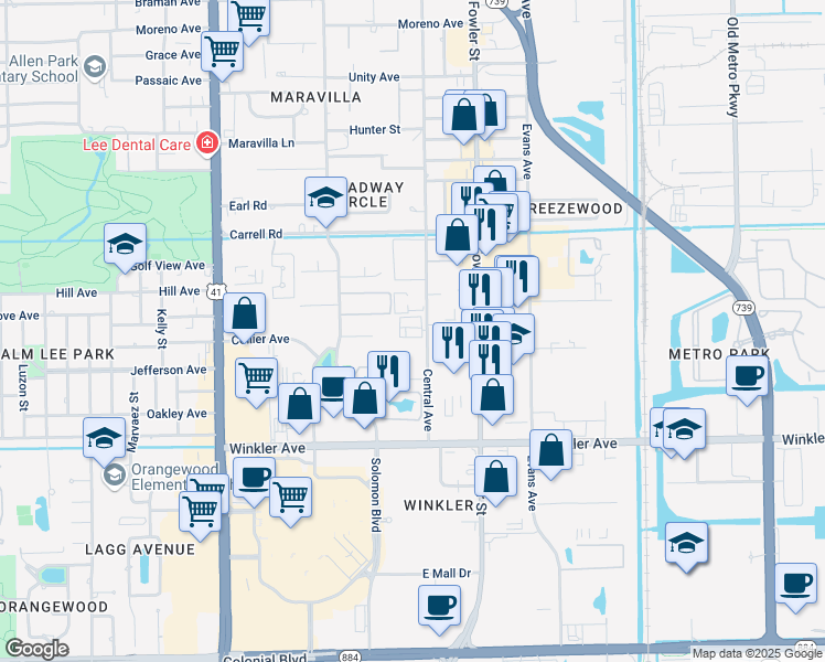 map of restaurants, bars, coffee shops, grocery stores, and more near 3722 Central Avenue in Fort Myers