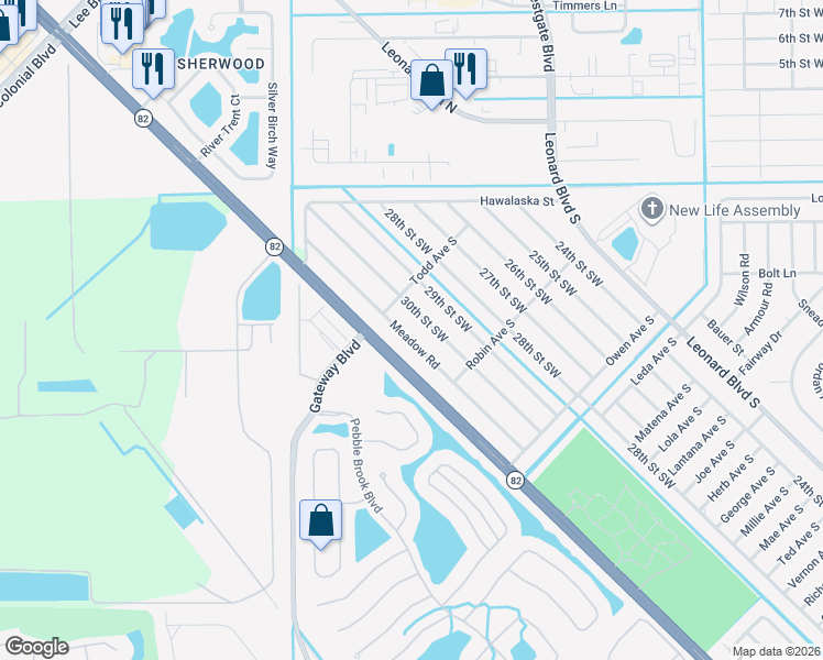 map of restaurants, bars, coffee shops, grocery stores, and more near 161 Meadow Road in Lehigh Acres