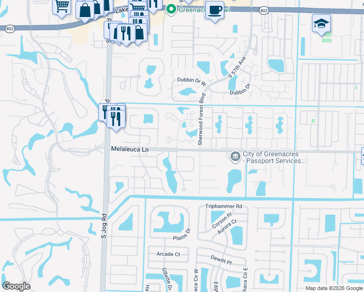map of restaurants, bars, coffee shops, grocery stores, and more near 4720 Oak Terrace Drive in Greenacres