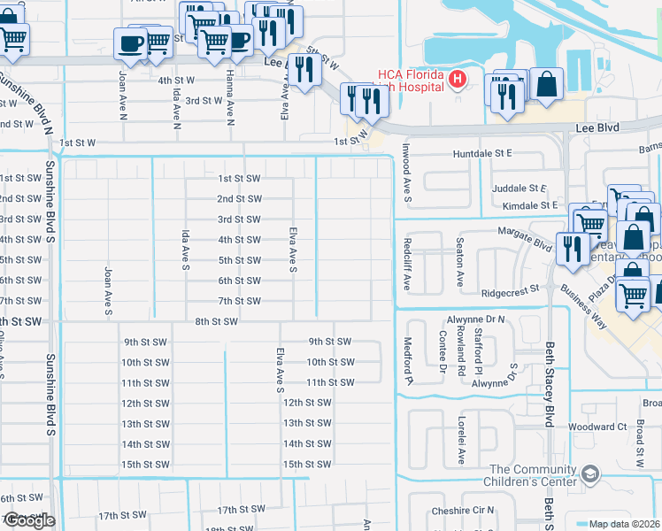 map of restaurants, bars, coffee shops, grocery stores, and more near 2617 5th Street Southwest in Lehigh Acres
