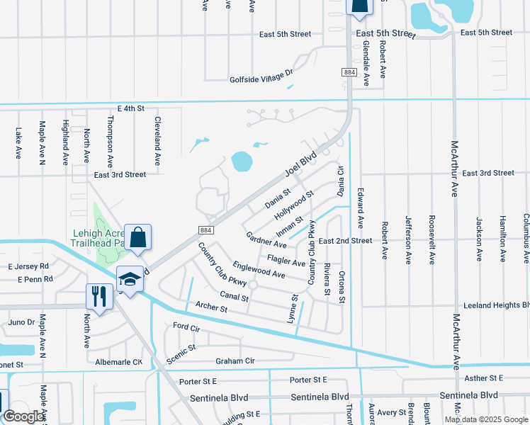 map of restaurants, bars, coffee shops, grocery stores, and more near 308 Dania Street in Lehigh Acres
