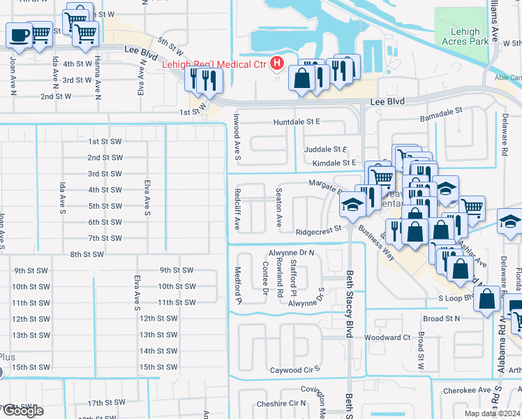 map of restaurants, bars, coffee shops, grocery stores, and more near 209 Rockcliff Avenue in Lehigh Acres