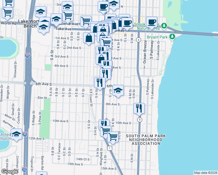 map of restaurants, bars, coffee shops, grocery stores, and more near 606 South J Street in Lake Worth
