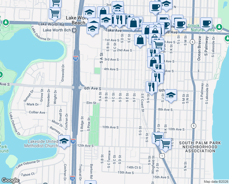 map of restaurants, bars, coffee shops, grocery stores, and more near 607 South C Street in Lake Worth