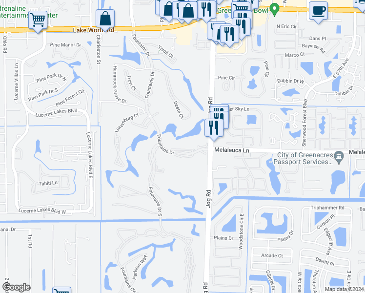 map of restaurants, bars, coffee shops, grocery stores, and more near 4840 Esedra Court in Lake Worth