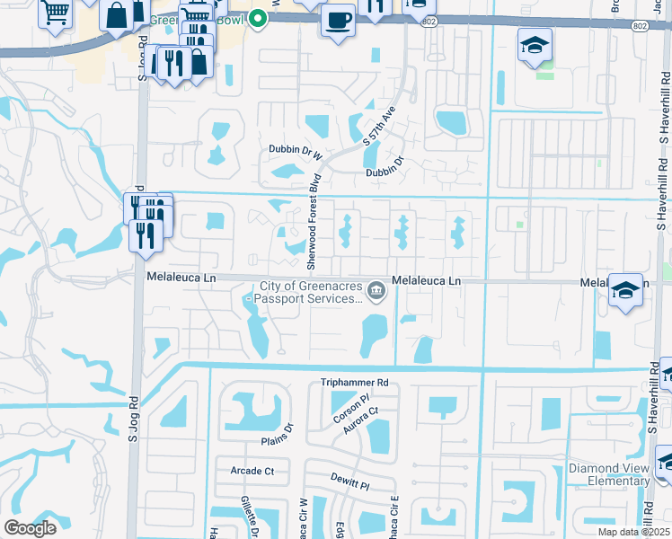 map of restaurants, bars, coffee shops, grocery stores, and more near 101 Pine Boulevard in Greenacres