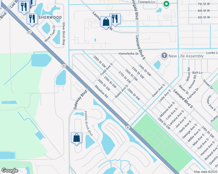 map of restaurants, bars, coffee shops, grocery stores, and more near 5220 30th Street Southwest in Lehigh Acres