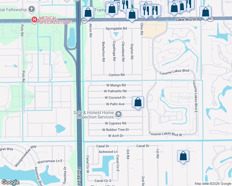 map of restaurants, bars, coffee shops, grocery stores, and more near 73 West Palmetto Road in Lake Worth