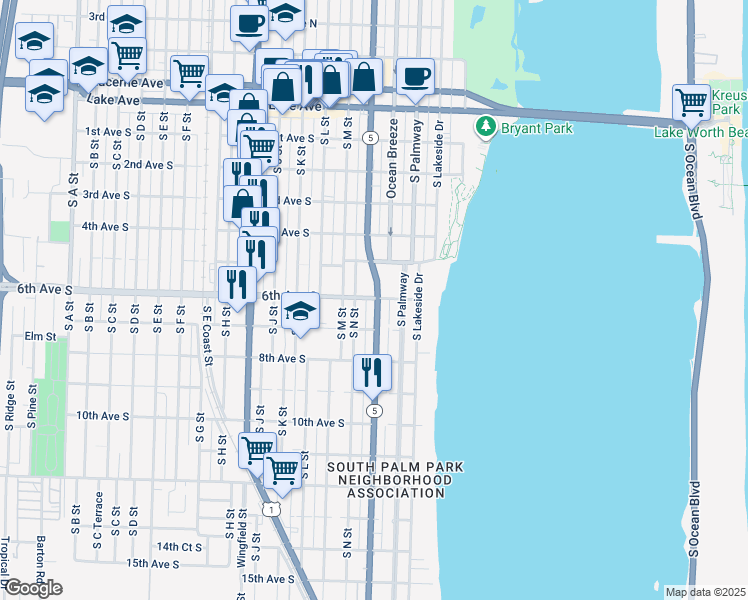 map of restaurants, bars, coffee shops, grocery stores, and more near 600 South Federal Highway in Lake Worth