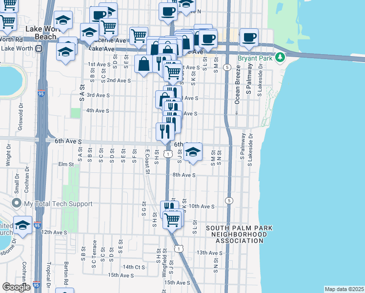map of restaurants, bars, coffee shops, grocery stores, and more near 606 South J Street in Lake Worth
