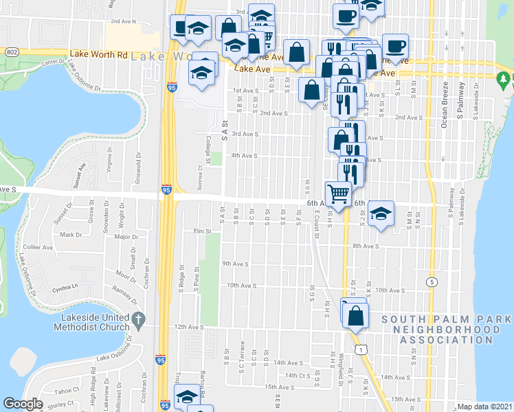 map of restaurants, bars, coffee shops, grocery stores, and more near 606 South D Street in Lake Worth