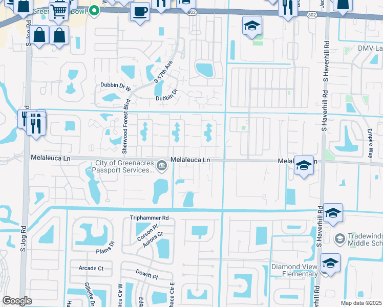 map of restaurants, bars, coffee shops, grocery stores, and more near 339 Melaleuca Lane in Greenacres