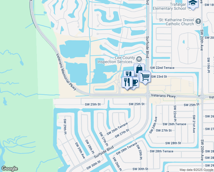 map of restaurants, bars, coffee shops, grocery stores, and more near 2616 Somerville Loop in Cape Coral