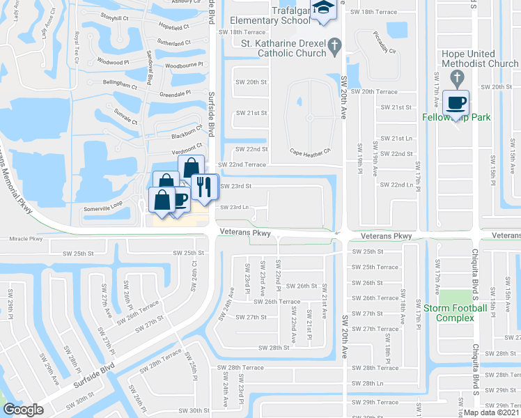 map of restaurants, bars, coffee shops, grocery stores, and more near 2330 Southwest 23rd Place in Cape Coral
