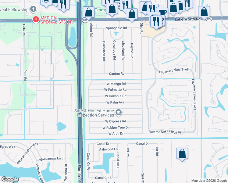 map of restaurants, bars, coffee shops, grocery stores, and more near 73 West Palmetto Road in Lake Worth