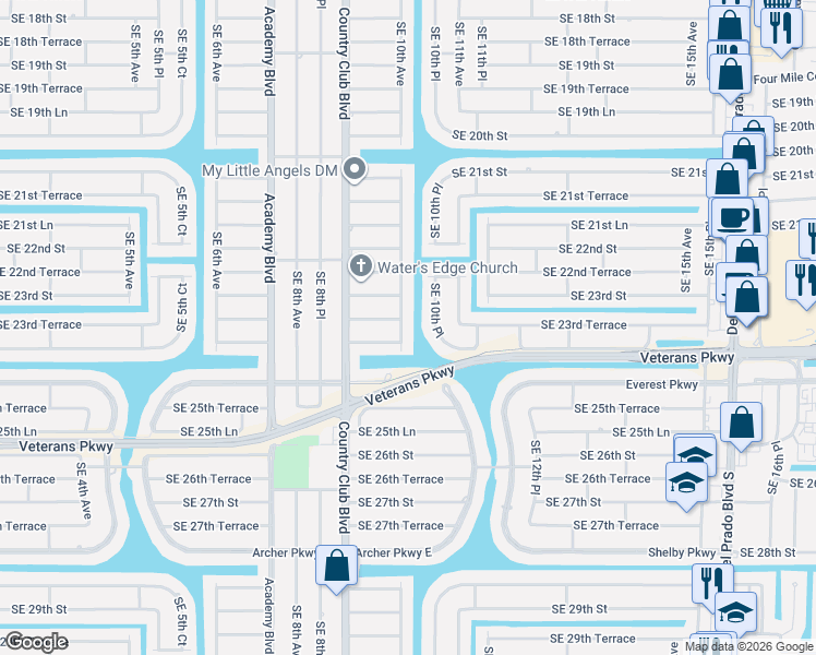 map of restaurants, bars, coffee shops, grocery stores, and more near 2319 Southeast 10th Avenue in Cape Coral