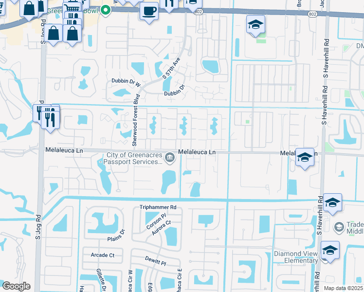 map of restaurants, bars, coffee shops, grocery stores, and more near 201 High Occupancy Vehicle Boulevard in Greenacres