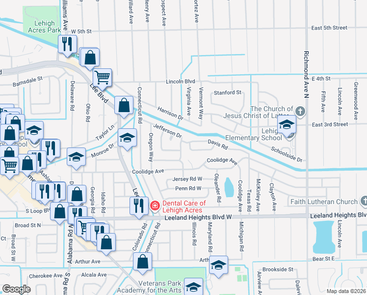 map of restaurants, bars, coffee shops, grocery stores, and more near 212 Jefferson Drive in Lehigh Acres