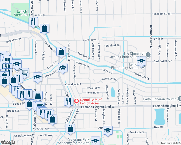 map of restaurants, bars, coffee shops, grocery stores, and more near 212 Jefferson Drive in Lehigh Acres