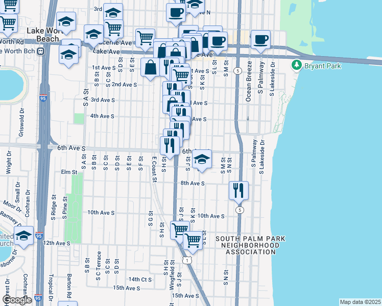 map of restaurants, bars, coffee shops, grocery stores, and more near 606 South J Street in Lake Worth