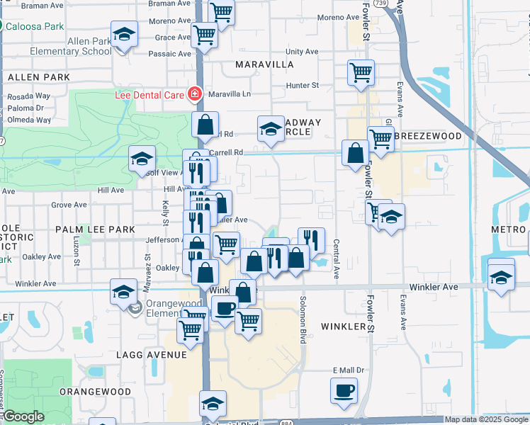 map of restaurants, bars, coffee shops, grocery stores, and more near 3704 Broadway in Fort Myers