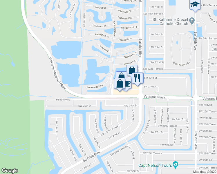 map of restaurants, bars, coffee shops, grocery stores, and more near 901 Somerville Loop in Cape Coral