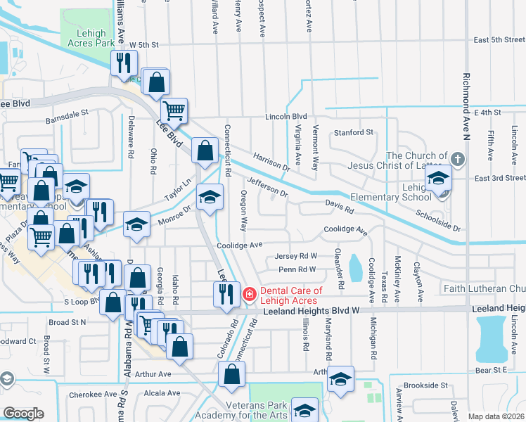 map of restaurants, bars, coffee shops, grocery stores, and more near 509 York Road in Lehigh Acres