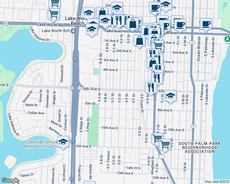 map of restaurants, bars, coffee shops, grocery stores, and more near 606 South C Street in Lake Worth