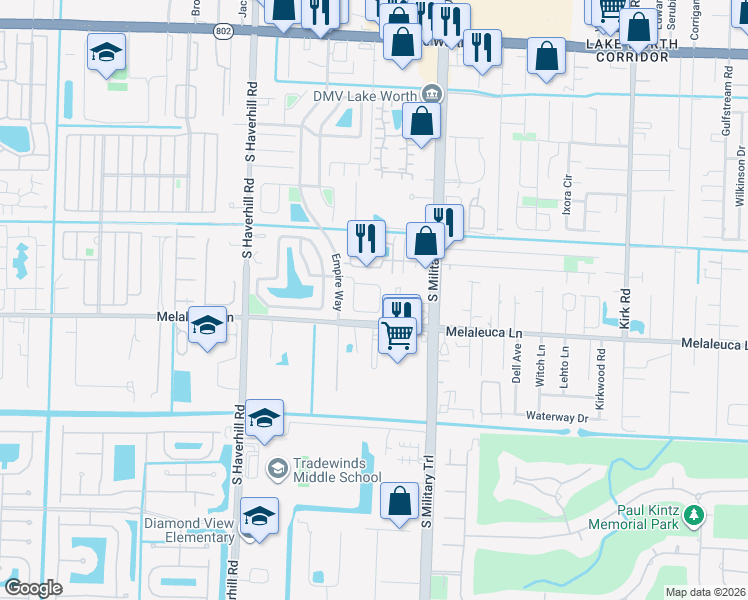 map of restaurants, bars, coffee shops, grocery stores, and more near 4747 Chariot Circle in Greenacres