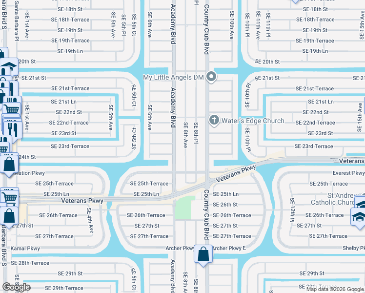 map of restaurants, bars, coffee shops, grocery stores, and more near 2318 Southeast 8th Avenue in Cape Coral