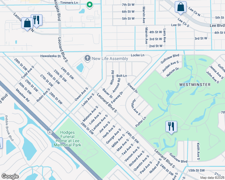 map of restaurants, bars, coffee shops, grocery stores, and more near 2228 Armour Road in Lehigh Acres