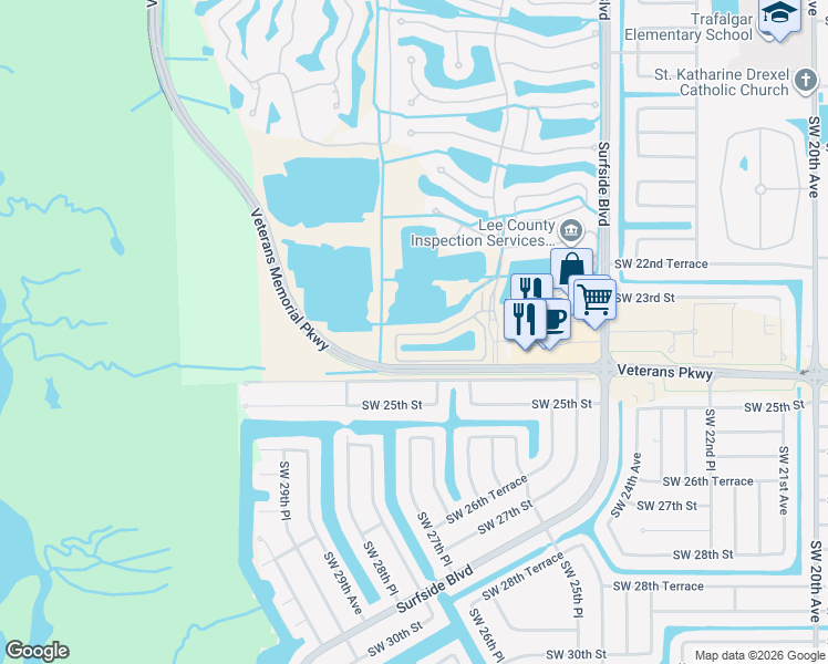 map of restaurants, bars, coffee shops, grocery stores, and more near 601 Somerville Loop in Cape Coral