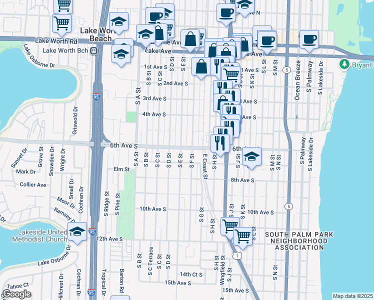 map of restaurants, bars, coffee shops, grocery stores, and more near 1203 6th Avenue South in Lake Worth